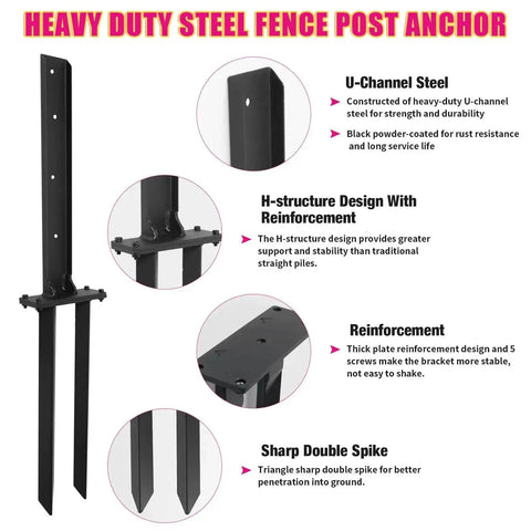 Heavy Duty Steel Fence Post Repair Kit With Double Ground Spikes And Post Anchors highlighted features and design details