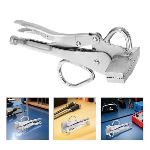 Heavy Duty Pro Grade Auto Body Clamp Pliers With Extra Wide Duckbill Jaw for metalworking and welding, shown on workbench.
