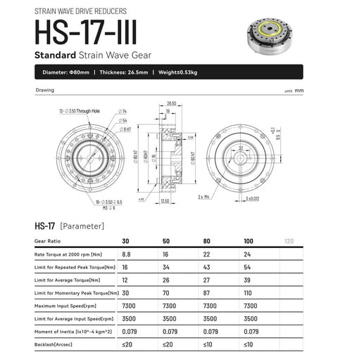 Detailed specifications of Harmonic Drive HS-17-III SHF-17-III Strain Wave Gearbox with beefy torque for robotic arm and BLDC servo motor.