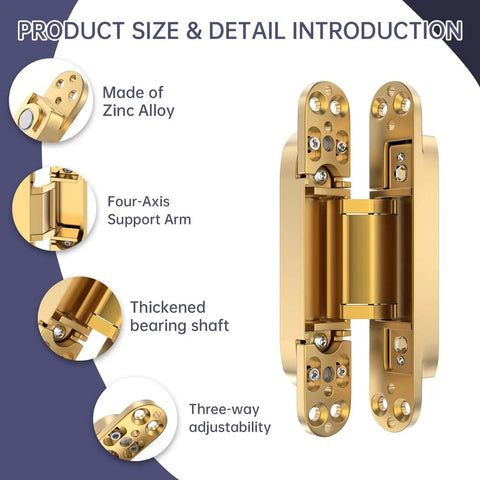 4 Pack 6 Inch Invisible Door Hinges For Concealed Doors Zinc Alloy 180 Degree Swing Adjustable 3 Way Butt Silent Door Hinge Gold Finish Perfect For Hidden Entrances And Slick Modern Interior Doors