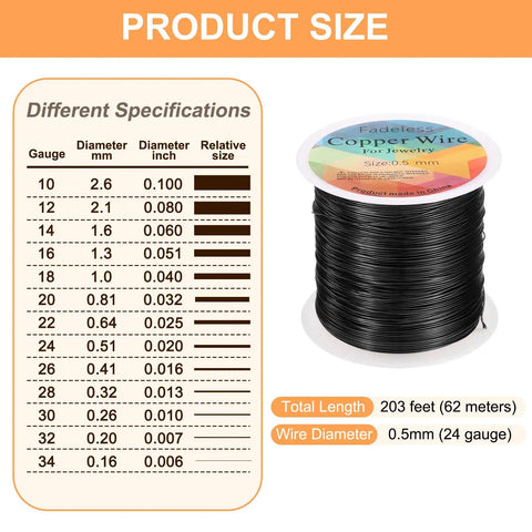 Black 24 Gauge Copper Craft Wire 203 Ft For Jewelry Making Beading Wrapping Tarnish Resistant Durable Wire for Repairs with specifications.