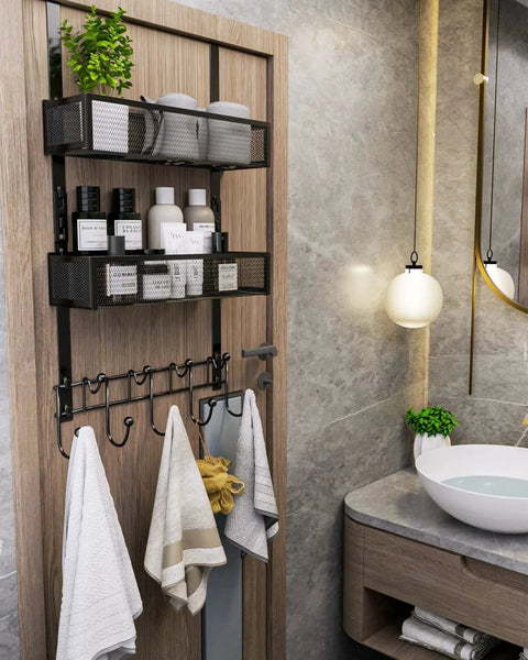 Over The Door Organizer With Nine Coat Hooks And Two Mesh Baskets For Towels And Small Essentials, Extra Long Door Hanger, Black Finish
