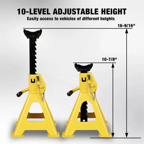3 Ton Heavy Duty Car Jack Stands With Double Locking And Large Foot Base For SUVs, showing adjustable height feature.