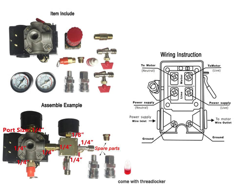 Pressure switch manifold with regulator and gauges for air compressor, 90-120 PSI, American Pattern, metallic body with red knob