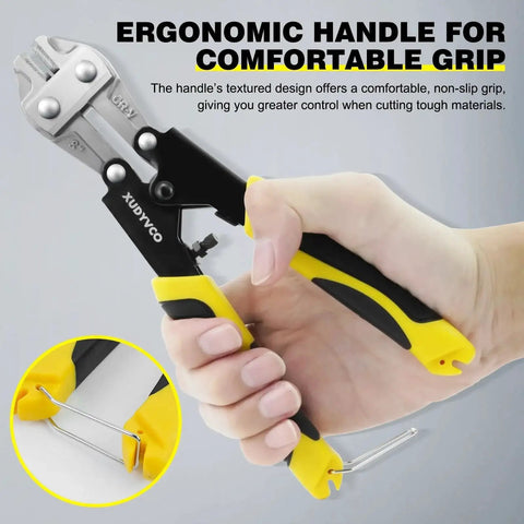 Heavy Duty 8 Inch Bolt Cutter For Wire And Cable Cutting With Non Slip Handle And Labor Saving Spring Loaded Mechanism, Beast Mode Power For Fence Mesh Rivets And Chains XUDYVCO in hand with ergonomic grip focus