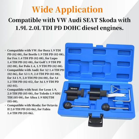Diesel Engine Camshaft And Crankshaft Alignment Locking Timing Tool Kit For Volkswagen Audi Seat Skoda 1 9L 2 0L TDI PD DOHC Diesel Engines 7 Piece Set DIY Friendly For Precise Timing Smooth Assembly And Quick Engine Service in open blue case