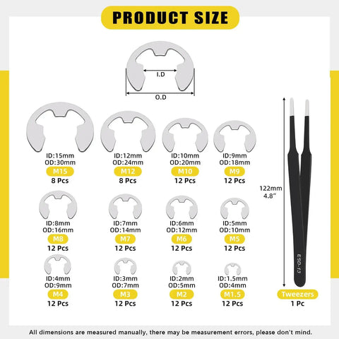 Stainless Steel Internal Tooth Star Lock Washers And E Clip Assortment Set For Metric Sizes M2 To M12 With External Retaining Rings 1.5mm To 15mm 136 E Clips In 12 Sizes And 100 Internal Tooth Star Lock Washers In 9 Sizes Pro Grade Fastener Kit size chart with tweezers