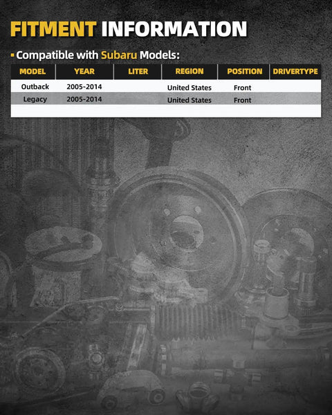Fitment information table for Subaru models displaying Front Wheel Bearing Hub Assembly compatibility 2005-2014.