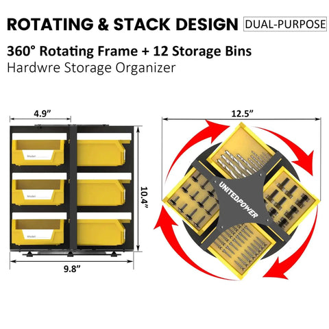 Rotating 12 Bin Tool Organizer For Nuts Bolts And Small Parts, Easy Access Lid Free Storage Rack for garages, 360° dual-purpose design