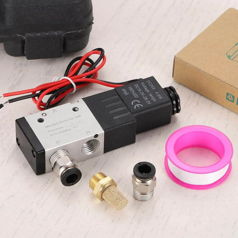 One Eighth Inch Pneumatic Valve 12V DC 3 Way 2 Position Electric Air Solenoid Valve With Manual Control components displayed