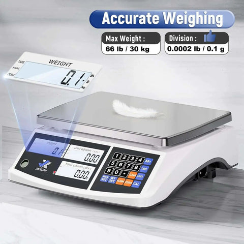 Heavy Duty Industrial Counting Scale 30kg 66lb With 0.1g Precision Bench Scale displaying feather on weighing platform