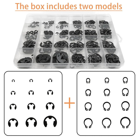 Heavy Duty 324 Piece Carbon Steel Retaining Ring Kit With 12 C Clips And 12 E Ring Sizes in a compartmentalized case