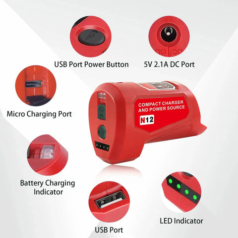 M12 USB Power Source Charger Adapter For 12V Battery Type C Input 2.1A USB Port And 12V DC Outlet with labeled parts view