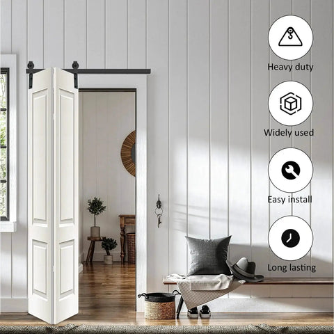 Bi-Fold Barn Door Hardware Kit For Closet, 30 Inch Track System For Two Doors, Black Roller Guides installed in bedroom
