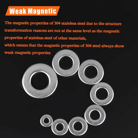 Flat stainless steel washers, 270 pcs, eight sizes shown (1/2, 3/8, 5/16, 1/4, #6–#12)