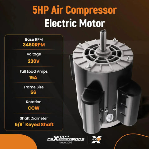 Beefy 5HP SPL Air Compressor Electric Motor For 56 Frame 3450RPM 230V 15A CCW Rotation With 5/8 Inch Keyed Shaft