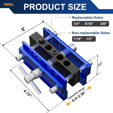 Diagram of Self Centering Dowel Jig Kit With Drill Guide And 6 Drill Bushings, Pro Grade Doweling Jig For Woodworking, dimensions shown.