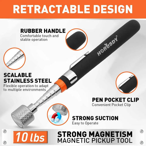 Must Have Versatile Four Piece Magnetic Pickup Tools Kit With Telescoping Extensions From 7 To 30.5 Inches And 5 To 25 Inches Bend It Flexible Magnetic Pickup Tool And Collapsible Parts Tray For Your Garage Workshop And Yard showing extendable stainless steel magnetic pickup tool with rubber handle and pen clip.