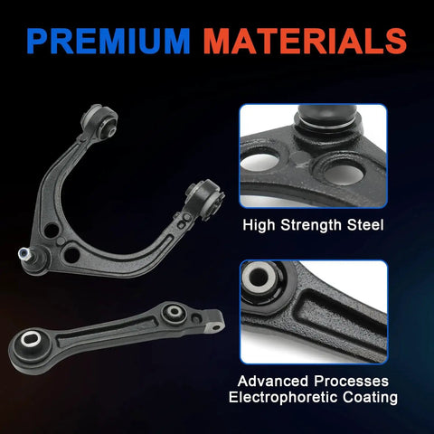 Front view of 14-piece front suspension control arm kit, high-strength steel with electrophoretic coating for RWD Chrysler/Dodge models