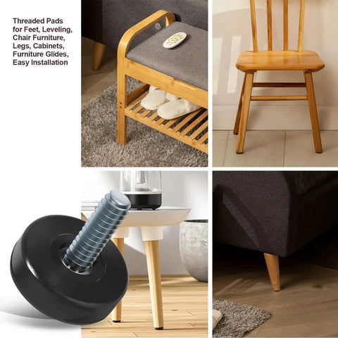 Round One Quarter Inch Thread Furniture Feet Levelers, 24 Pcs shown on chairs and tables, black adjustable screw-in for stability and protection.