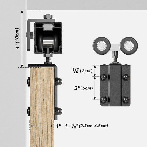 Side view of Six Foot Box Rail Sliding Barn Door Hardware Kit Aluminum Alloy Wall Mount Heavy Duty For Single Door Smooth Ball Bearing Rollers For Quiet Glide