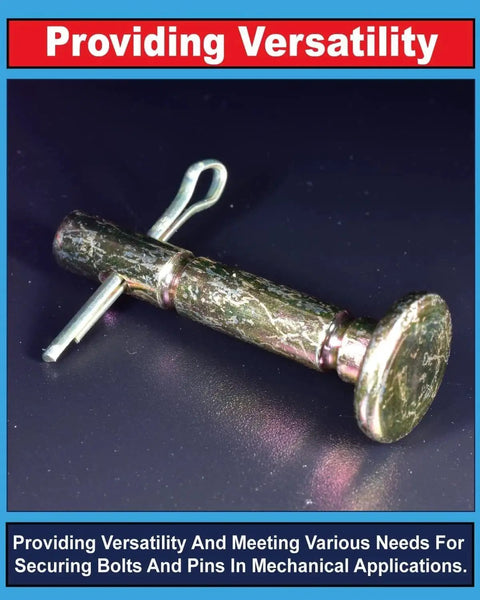 Close-up view of a metal pin with attached cotter pin, demonstrating versatility for securing bolts in mechanical applications.