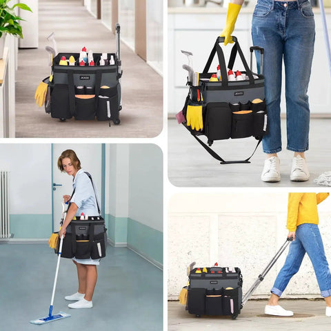 Large Rolling Cleaning Caddy On Wheels With Detachable Trolley Gray Waterproof Organizer for home, car, office, and picnic.