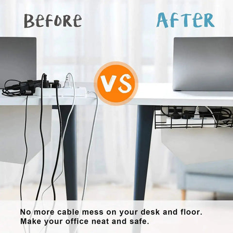 Under Desk Cable Management Tray 2 Pack Heavy Duty Metal Wire Cord Organizer Before and After Setup