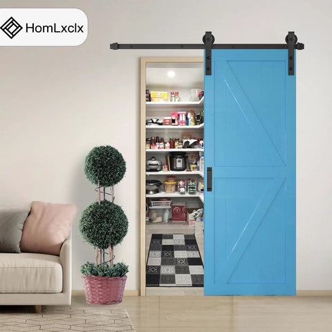 Heavy Duty Sliding Barn Door Kit With Five Foot Track Built To Last 350 Lb Capacity For Doors From One And Three Eighths Inches To One And Three Quarters Inches Thick Fits 28 To 30 Inch Wide Single Doors Includes Two Handles Adjustable Floor Guide And installed in a living room with blue door