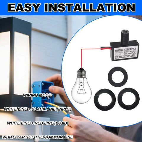 Installation of Dusk To Dawn Auto On Off Outdoor Lighting Sensor Switch, 105V-130V AC Photocell with photoelectric control and installation components