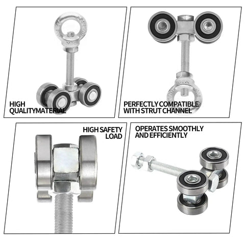 Four Wheel Trolley Assembly Rollers With Silent Strut Solid Steel Construction for 1-5/8 Inch Strut Channels, Multiple Views