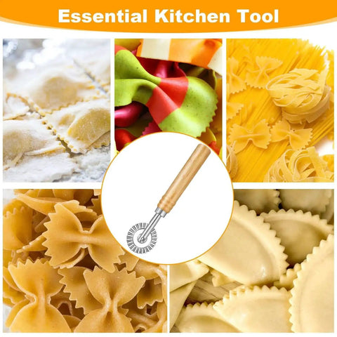 Versatile Long Handle Pastry And Pasta Cutter Wheel With Crinkle Edge For Effortless Slicing Of Ravioli Dumplings And Lasagna Pierogi And Beautiful Lattice Crusts Stainless Steel Construction TIESOME with pasta varieties background