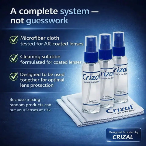 Crizal AR Lens Cleaning Kit With 3 Cloths And 3 Solutions for Safe Coated Lenses, includes microfibers and cleaning sprays.