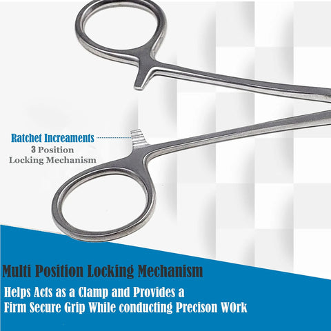 Surgical hemostat forceps, 6.25 inch straight, stainless steel with multi-position ratchet locking mechanism