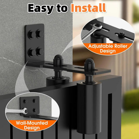 Sliding Gate Guide Rollers and Hardware Kit with Heavy Duty 4 Inch Adjustable Nylon Wheels and Rust Proof L Bracket installed on gate