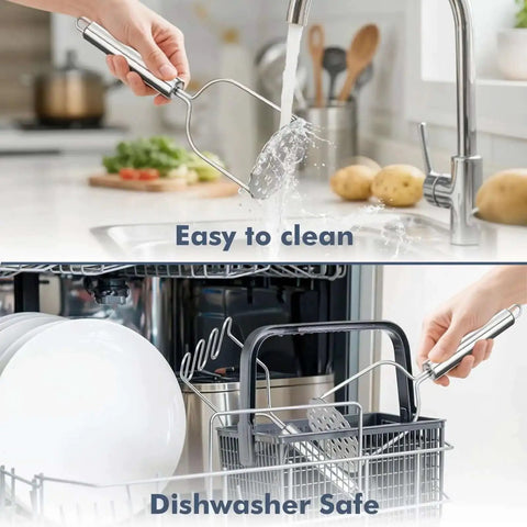 Two Pack Stainless Steel Potato Masher Set With Zigzag Wire And Flower Shaped Hole Heads, easy to clean and dishwasher safe.