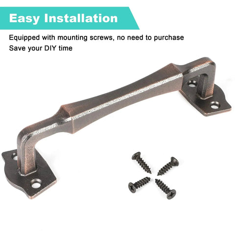10 Inch Heavy Duty Rustic Sliding Barn Door Pull Handle In Oil Rubbed Bronze Finish with screws, displayed on white background