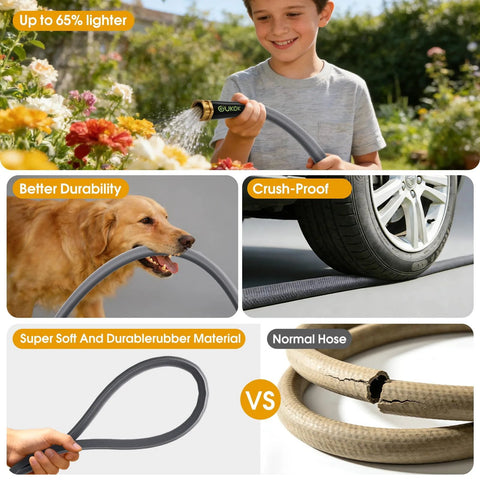 GUKOK 100 ft non-expanding garden hose, ultra-light and flexible, kink- and burst-resistant, shown in a collage of five panels
