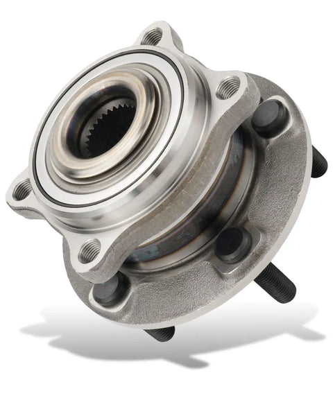 Close-up of front and rear wheel bearing and hub assembly, 5-lug, for Hyundai Santa Fe and Kia Sorento, AWD/FWD, 2007-2020, direct fit replacement.