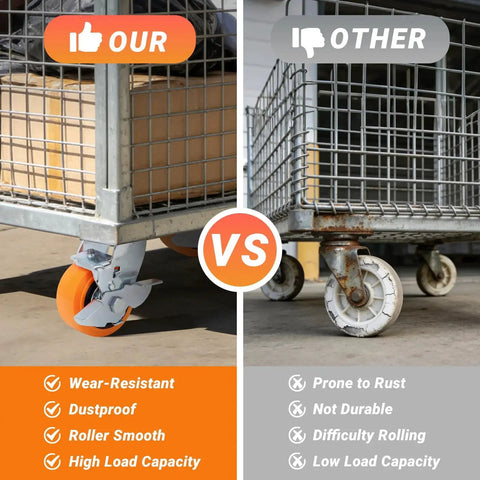 Comparison of 4x2 Inch Replacement Caster Wheels Set Of 4 With 1/2 Inch Bore, Polyurethane On Polyolefin Core vs old rusty wheels on industrial cart.