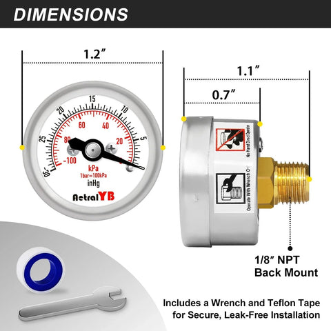 Tiny But Mighty Mini Vacuum Pressure Gauge With 1.2 Inch Dial Dual Imperial And Metric Scales Stainless Steel Housing Brass Internals