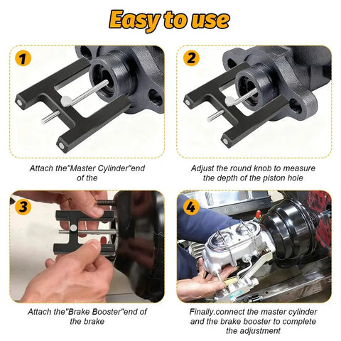 Ywdiml brake adjustment tool four-step diagram showing aluminum tool attaching to master cylinder and brake booster to adjust push rod
