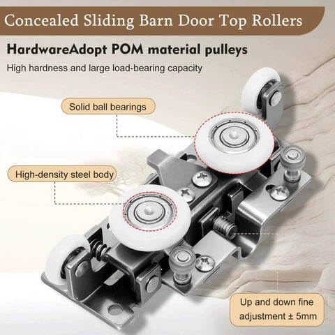 Concealed sliding barn door top rollers with POM material pulleys, solid ball bearings, and high-density steel body for durability.
