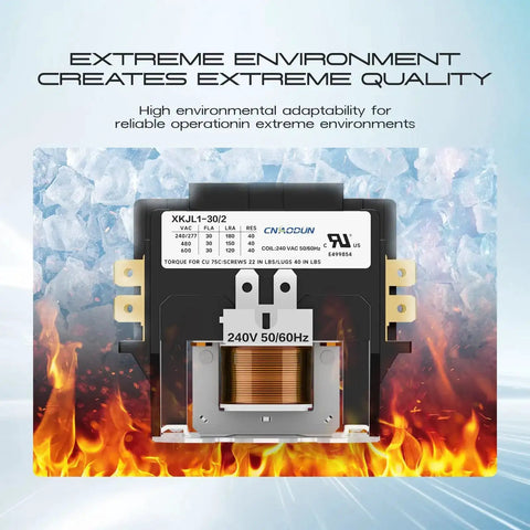 2 Pole 30 Amp 240V HVAC Contactor with 600VAC Rating, flame retardant housing for condensers, compressors, and heat pumps