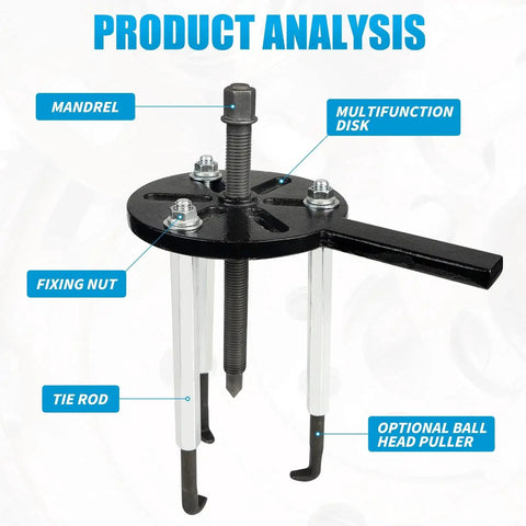 Product analysis showing 21 In 1 Bearing Puller Set For Quick Bearing Disassembly And Removal with labeled parts.