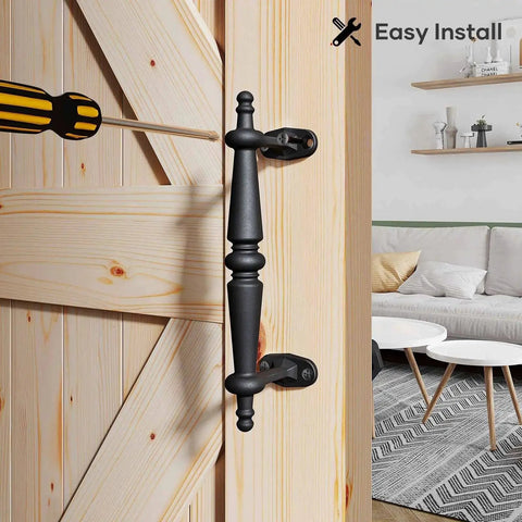 Installed 9 Inch Barn Door Pull Handle Set In Rustic Black Aluminum, ergonomic design, powder coated finish, 2 pack