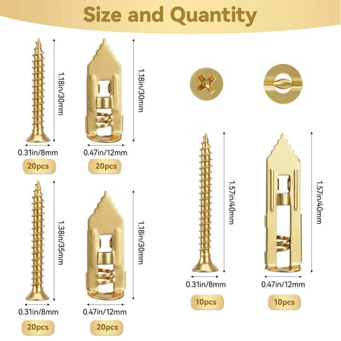 Diagram of Self Drilling Drywall Anchors With Screws Kit 100 Pieces Including 50 Sheetrock Anchors And 50 Screws No Pre Drilling Required Three Size Options.