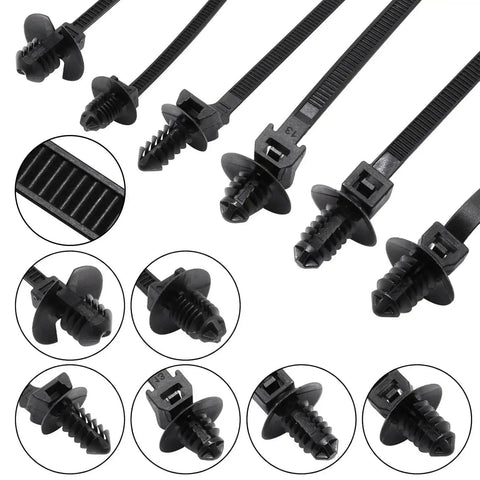 60 Pack Push Mount Zip Ties Nylon Cable Ties For Wire Harnesses Black Snap In Car Mount Ties Automotive Fasteners Durable Nylon Heat Resistant 6 Types Great For DIY Projects shown in various close-up details