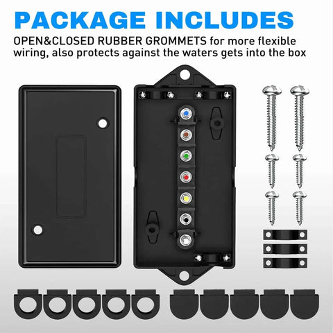 7 Way Trailer Junction Box Weatherproof Connector For RV Camper Caravan Boat with screws, grommets, and terminal studs