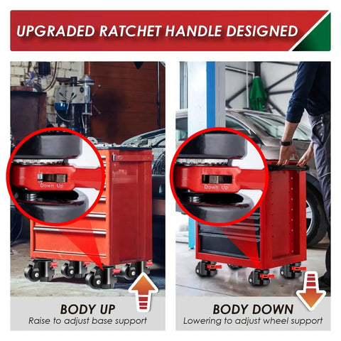 Heavy Duty Leveling Casters For Workbenches And Machinery, 4 Pack, 2200 Lbs Capacity, Upgraded Ergonomic Ratchet Handle, Red Cabinet